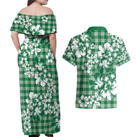 Hibiscus Pakala Emerald Green Couples Matching Off Shoulder Maxi Dress and Hawaiian Shirt Tropical Floral Stylized - Polynesian Pride