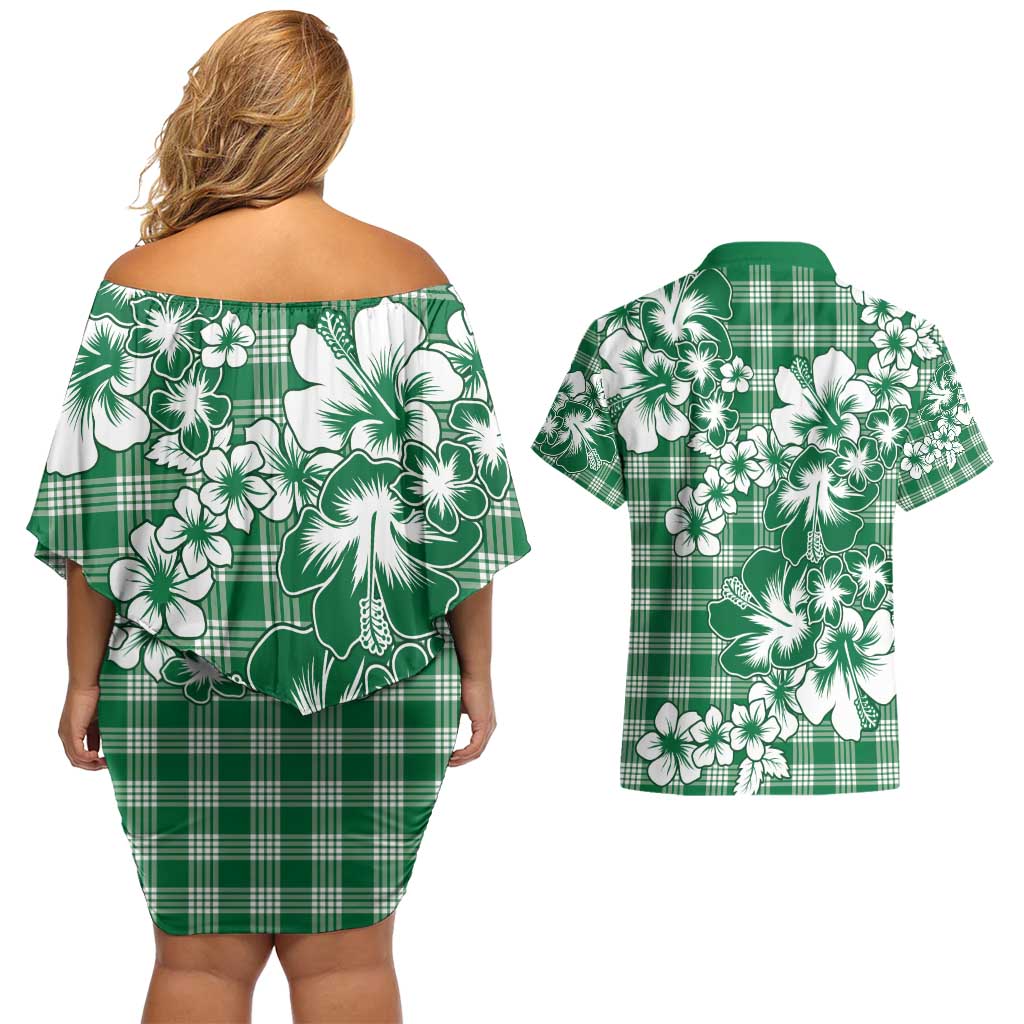 Hibiscus Pakala Emerald Green Couples Matching Off Shoulder Short Dress and Hawaiian Shirt Tropical Floral Stylized - Polynesian Pride