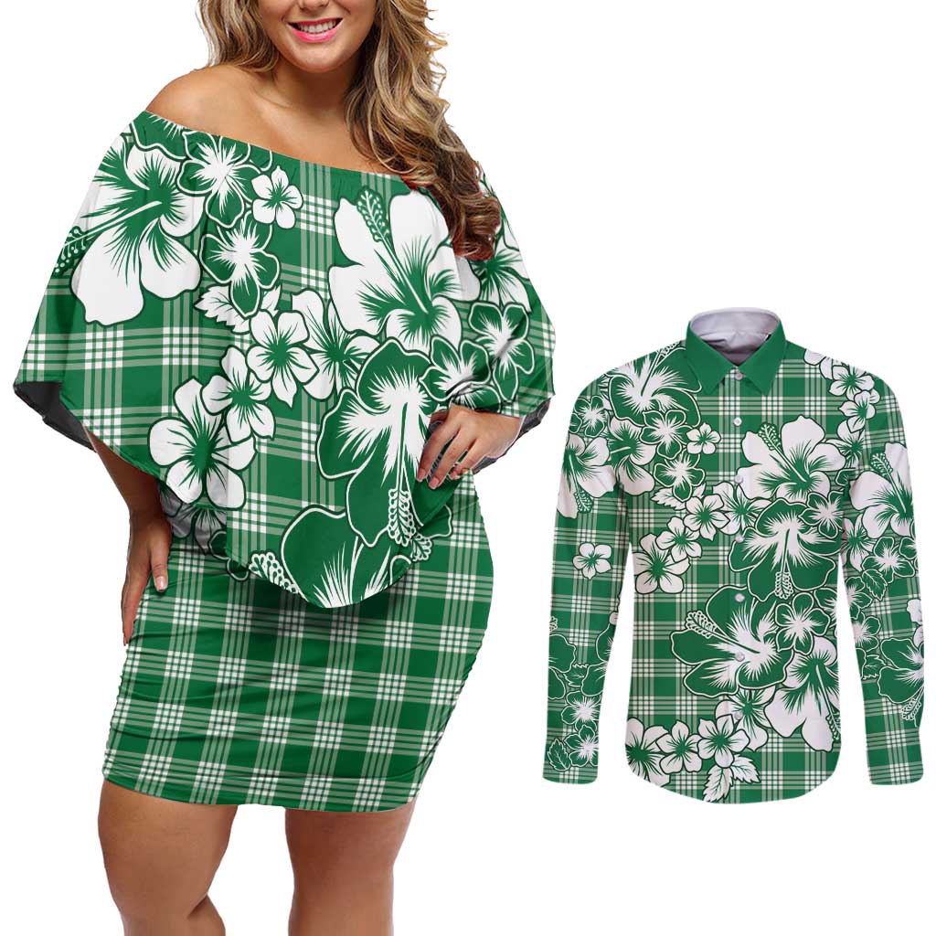 Hibiscus Pakala Emerald Green Couples Matching Off Shoulder Short Dress and Long Sleeve Button Shirt Tropical Floral Stylized LT01 Green - Polynesian Pride