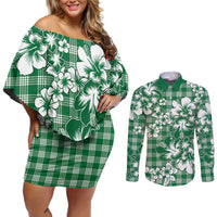 Hibiscus Pakala Emerald Green Couples Matching Off Shoulder Short Dress and Long Sleeve Button Shirt Tropical Floral Stylized LT01 Green - Polynesian Pride