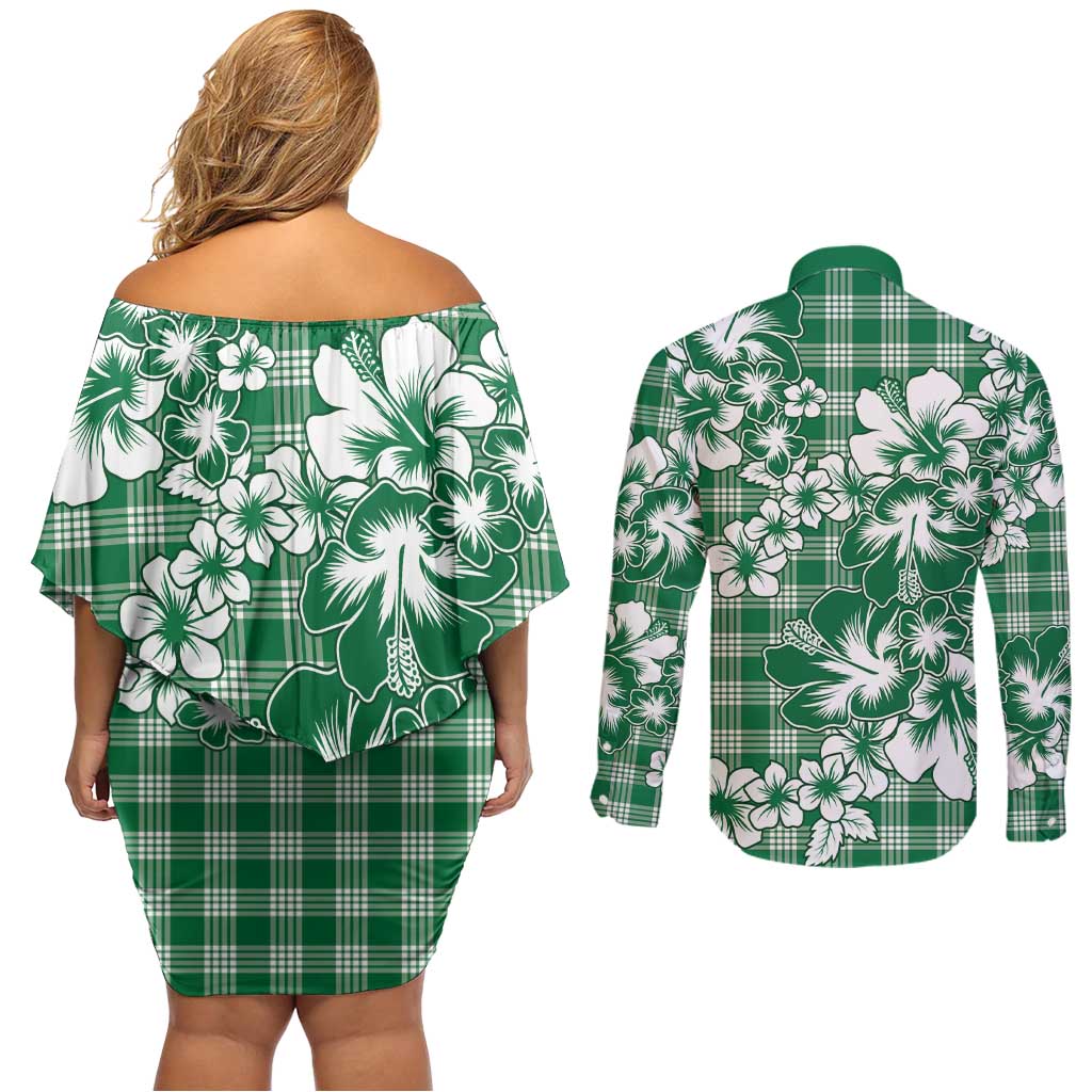 Hibiscus Pakala Emerald Green Couples Matching Off Shoulder Short Dress and Long Sleeve Button Shirt Tropical Floral Stylized LT01 - Polynesian Pride