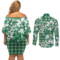 Hibiscus Pakala Emerald Green Couples Matching Off Shoulder Short Dress and Long Sleeve Button Shirt Tropical Floral Stylized LT01 - Polynesian Pride