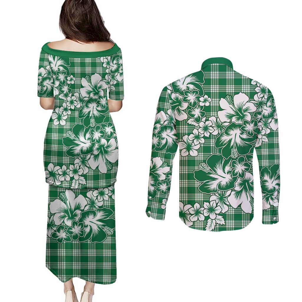 Hibiscus Pakala Emerald Green Couples Matching Puletasi and Long Sleeve Button Shirt Tropical Floral Stylized - Polynesian Pride