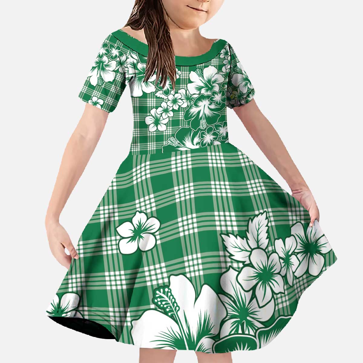 Hibiscus Pakala Emerald Green Family Matching Off The Shoulder Long Sleeve Dress and Hawaiian Shirt Tropical Floral Stylized - Polynesian Pride