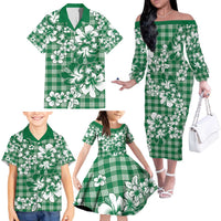 Hibiscus Pakala Emerald Green Family Matching Off The Shoulder Long Sleeve Dress and Hawaiian Shirt Tropical Floral Stylized - Polynesian Pride