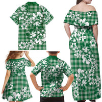 Hibiscus Pakala Emerald Green Family Matching Off Shoulder Maxi Dress and Hawaiian Shirt Tropical Floral Stylized - Polynesian Pride