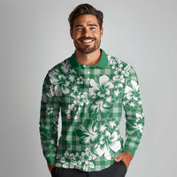 Hibiscus Pakala Emerald Green Long Sleeve Polo Shirt Tropical Floral Stylized - Polynesian Pride