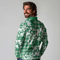 Hibiscus Pakala Emerald Green Long Sleeve Polo Shirt Tropical Floral Stylized - Polynesian Pride