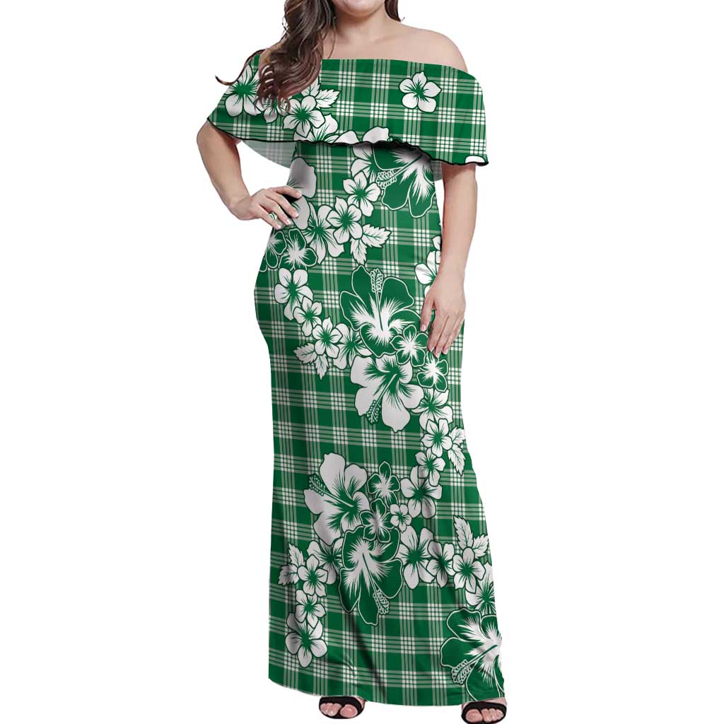 Hibiscus Pakala Emerald Green Off Shoulder Maxi Dress Tropical Floral Stylized - Polynesian Pride