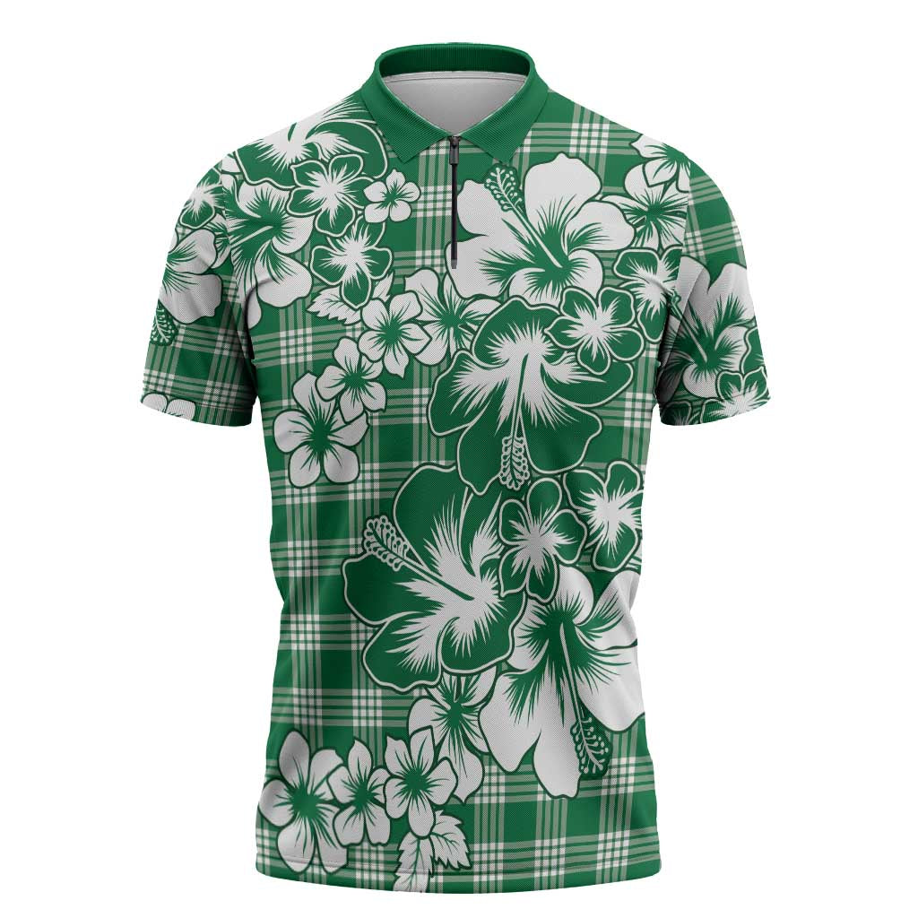 Hibiscus Pakala Emerald Green Zipper Polo Shirt Tropical Floral Stylized - Polynesian Pride