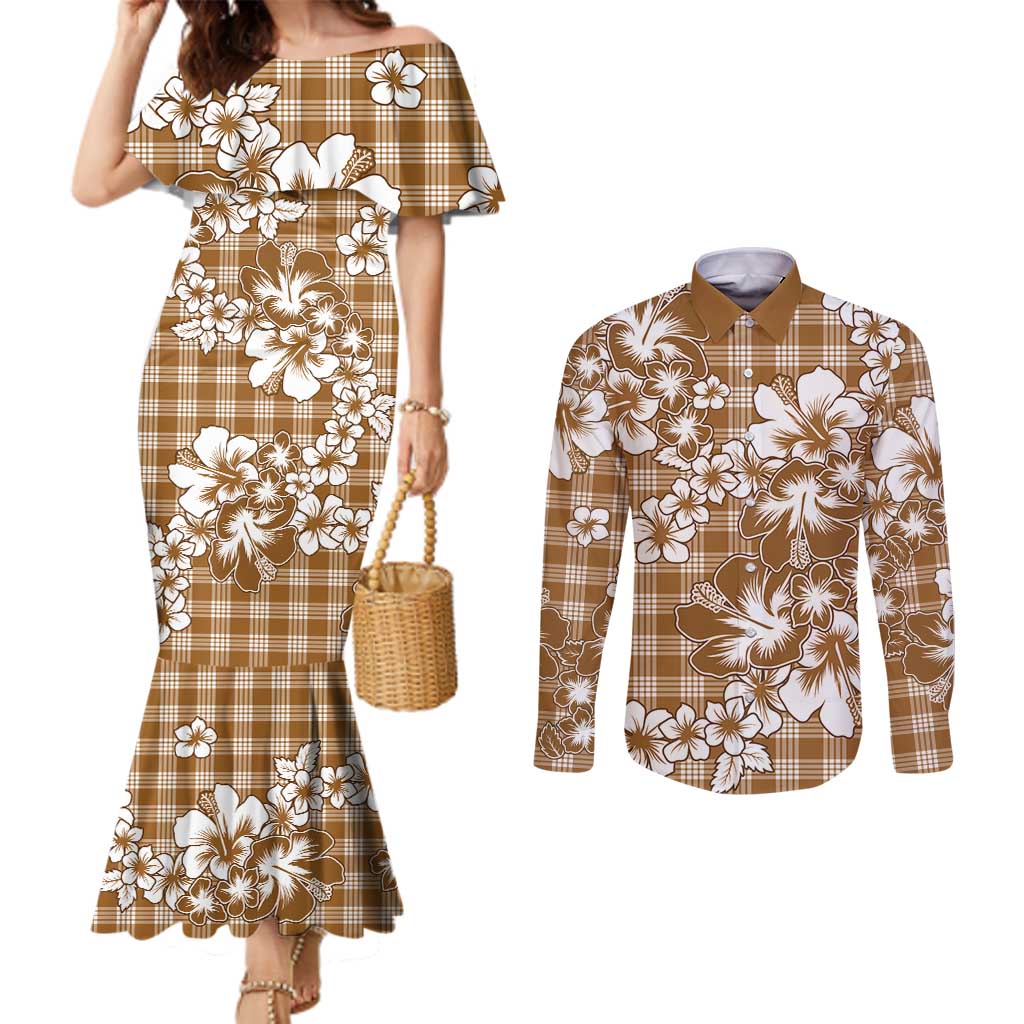 Hibiscus Pakala Bronze Brown Couples Matching Mermaid Dress and Long Sleeve Button Shirt Tropical Floral Stylized LT01 Brown - Polynesian Pride