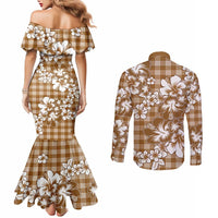Hibiscus Pakala Bronze Brown Couples Matching Mermaid Dress and Long Sleeve Button Shirt Tropical Floral Stylized - Polynesian Pride