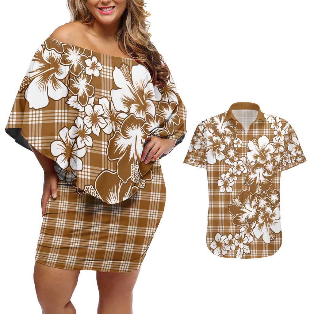 Hibiscus Pakala Bronze Brown Couples Matching Off Shoulder Short Dress and Hawaiian Shirt Tropical Floral Stylized - Polynesian Pride