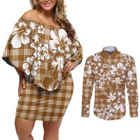 Hibiscus Pakala Bronze Brown Couples Matching Off Shoulder Short Dress and Long Sleeve Button Shirt Tropical Floral Stylized LT01 Brown - Polynesian Pride