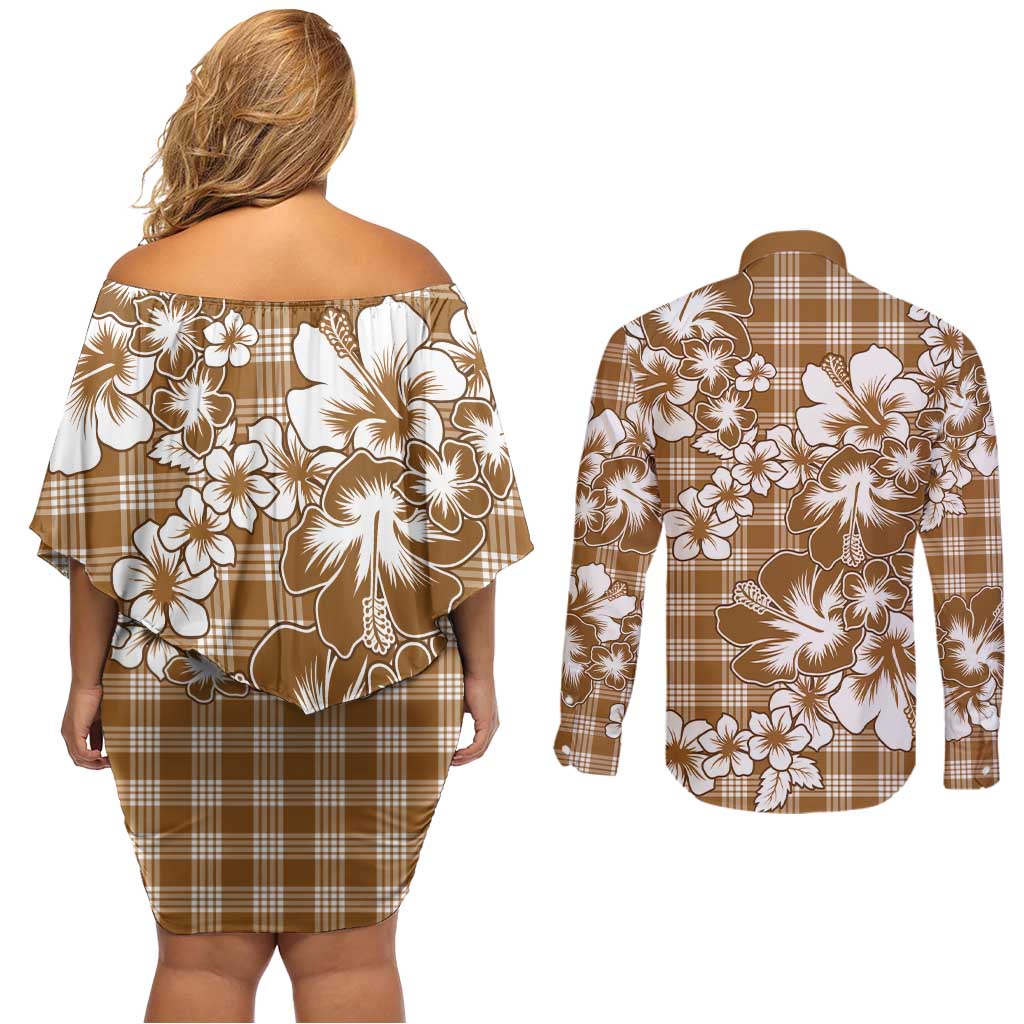 Hibiscus Pakala Bronze Brown Couples Matching Off Shoulder Short Dress and Long Sleeve Button Shirt Tropical Floral Stylized LT01 - Polynesian Pride