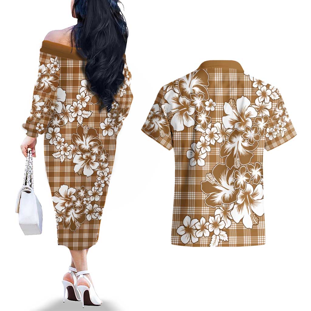 Hibiscus Pakala Bronze Brown Couples Matching Off The Shoulder Long Sleeve Dress and Hawaiian Shirt Tropical Floral Stylized - Polynesian Pride