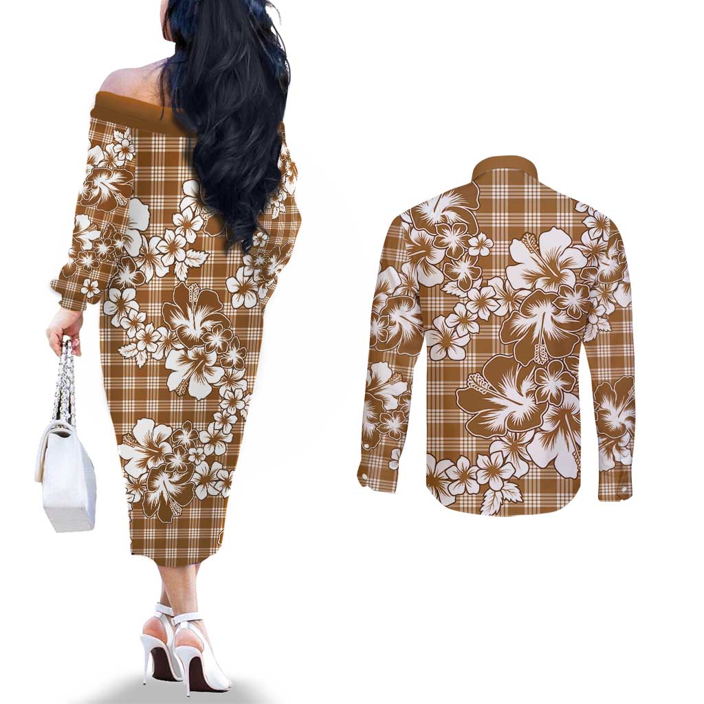 Hibiscus Pakala Bronze Brown Couples Matching Off The Shoulder Long Sleeve Dress and Long Sleeve Button Shirt Tropical Floral Stylized - Polynesian Pride
