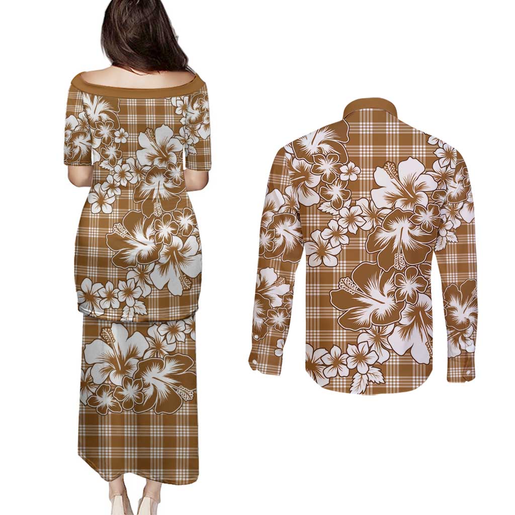 Hibiscus Pakala Bronze Brown Couples Matching Puletasi and Long Sleeve Button Shirt Tropical Floral Stylized - Polynesian Pride