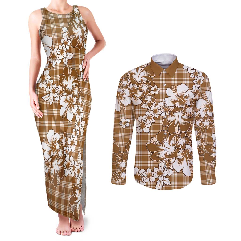 Hibiscus Pakala Bronze Brown Couples Matching Tank Maxi Dress and Long Sleeve Button Shirt Tropical Floral Stylized - Polynesian Pride