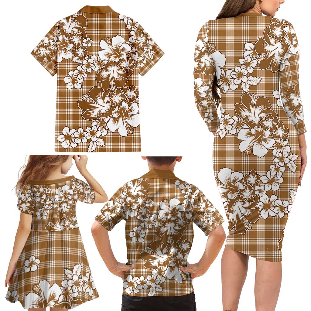 Hibiscus Pakala Bronze Brown Family Matching Long Sleeve Bodycon Dress and Hawaiian Shirt Tropical Floral Stylized - Polynesian Pride