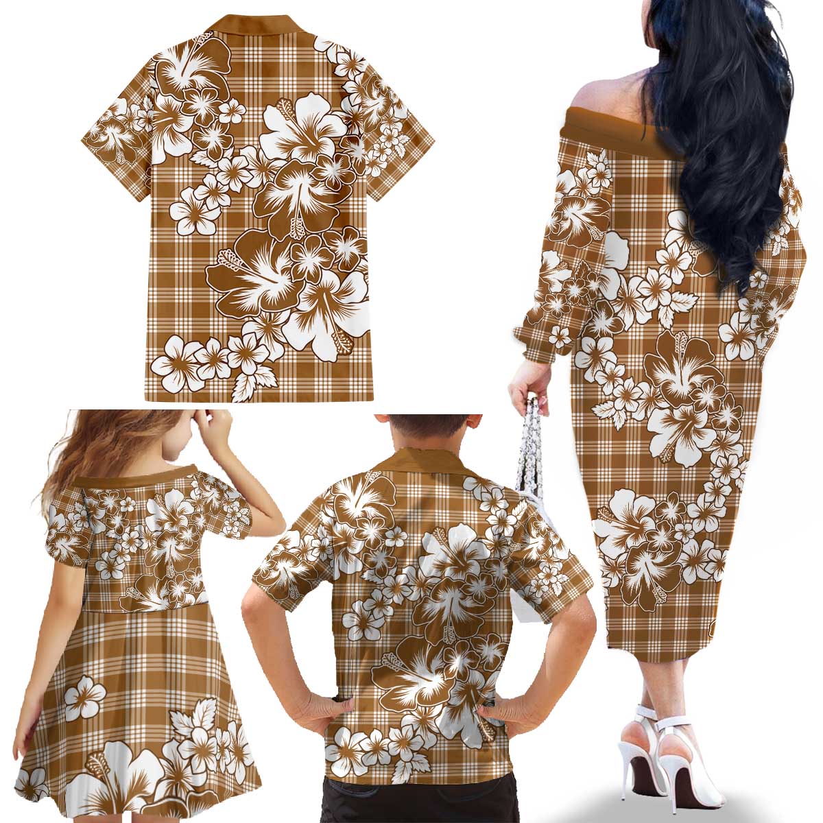 Hibiscus Pakala Bronze Brown Family Matching Off The Shoulder Long Sleeve Dress and Hawaiian Shirt Tropical Floral Stylized - Polynesian Pride