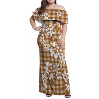 Hibiscus Pakala Bronze Brown Family Matching Off Shoulder Maxi Dress and Hawaiian Shirt Tropical Floral Stylized - Polynesian Pride