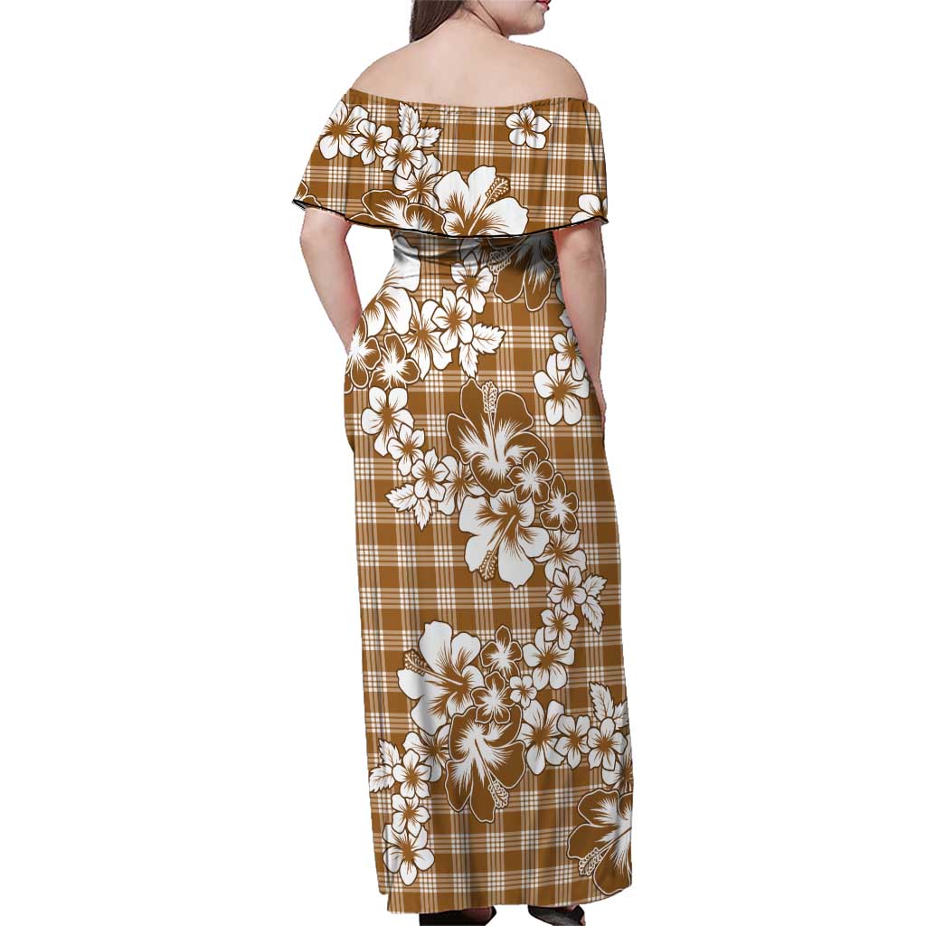 Hibiscus Pakala Bronze Brown Family Matching Off Shoulder Maxi Dress and Hawaiian Shirt Tropical Floral Stylized - Polynesian Pride