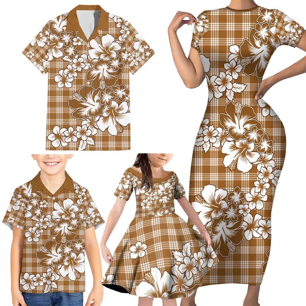 Hibiscus Pakala Bronze Brown Family Matching Short Sleeve Bodycon Dress and Hawaiian Shirt Tropical Floral Stylized - Polynesian Pride