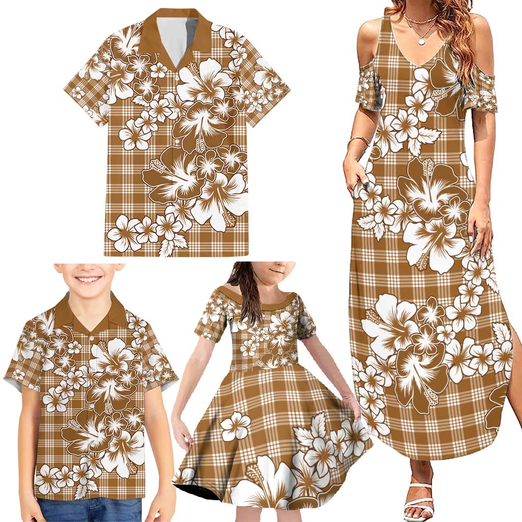 Hibiscus Pakala Bronze Brown Family Matching Summer Maxi Dress and Hawaiian Shirt Tropical Floral Stylized - Polynesian Pride