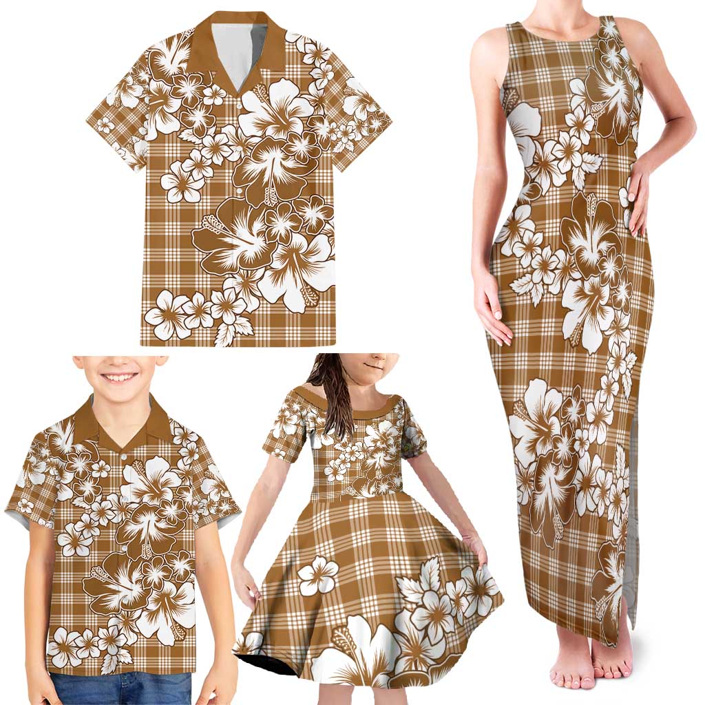 Hibiscus Pakala Bronze Brown Family Matching Tank Maxi Dress and Hawaiian Shirt Tropical Floral Stylized - Polynesian Pride