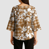 Hibiscus Pakala Bronze Brown Kimono Sleeve Blouse Tropical Floral Stylized - Polynesian Pride