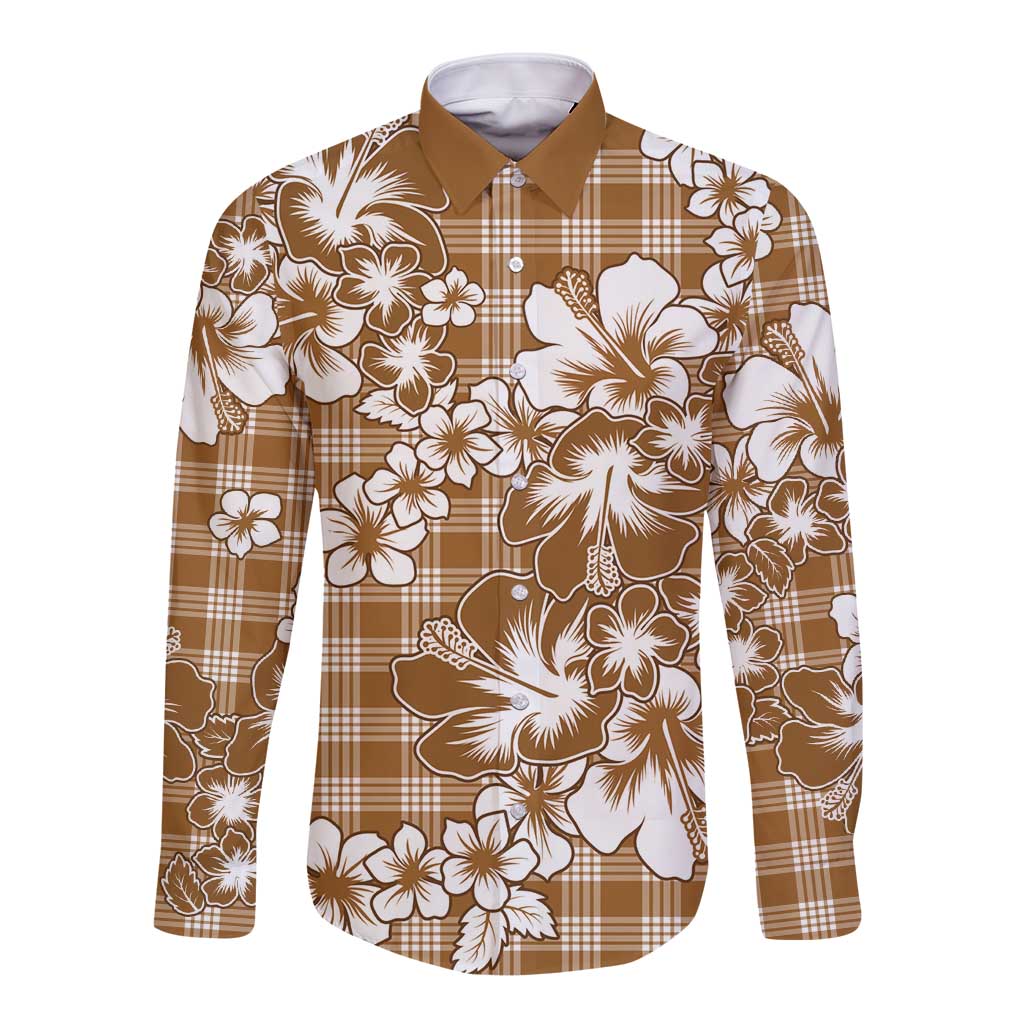 Hibiscus Pakala Bronze Brown Long Sleeve Button Shirt Tropical Floral Stylized LT01 Unisex Brown - Polynesian Pride