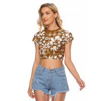 Hibiscus Pakala Bronze Brown Raglan Cropped T Shirt Tropical Floral Stylized LT01 Female Brown - Polynesian Pride