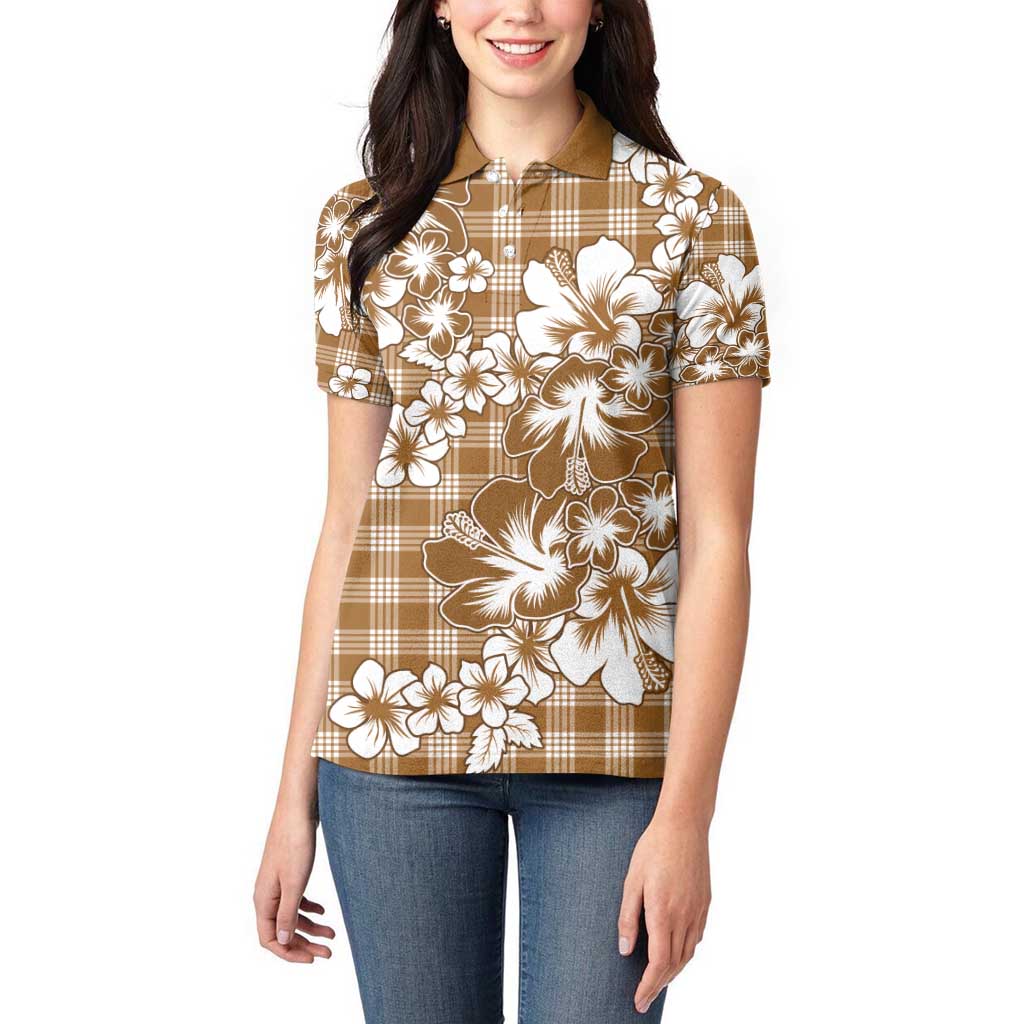 Hibiscus Pakala Bronze Brown Women Polo Shirt Tropical Floral Stylized - Polynesian Pride