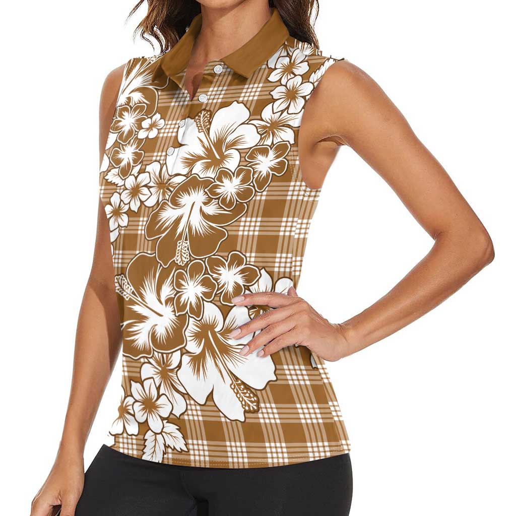 Hibiscus Pakala Bronze Brown Women Sleeveless Polo Shirt Tropical Floral Stylized - Polynesian Pride