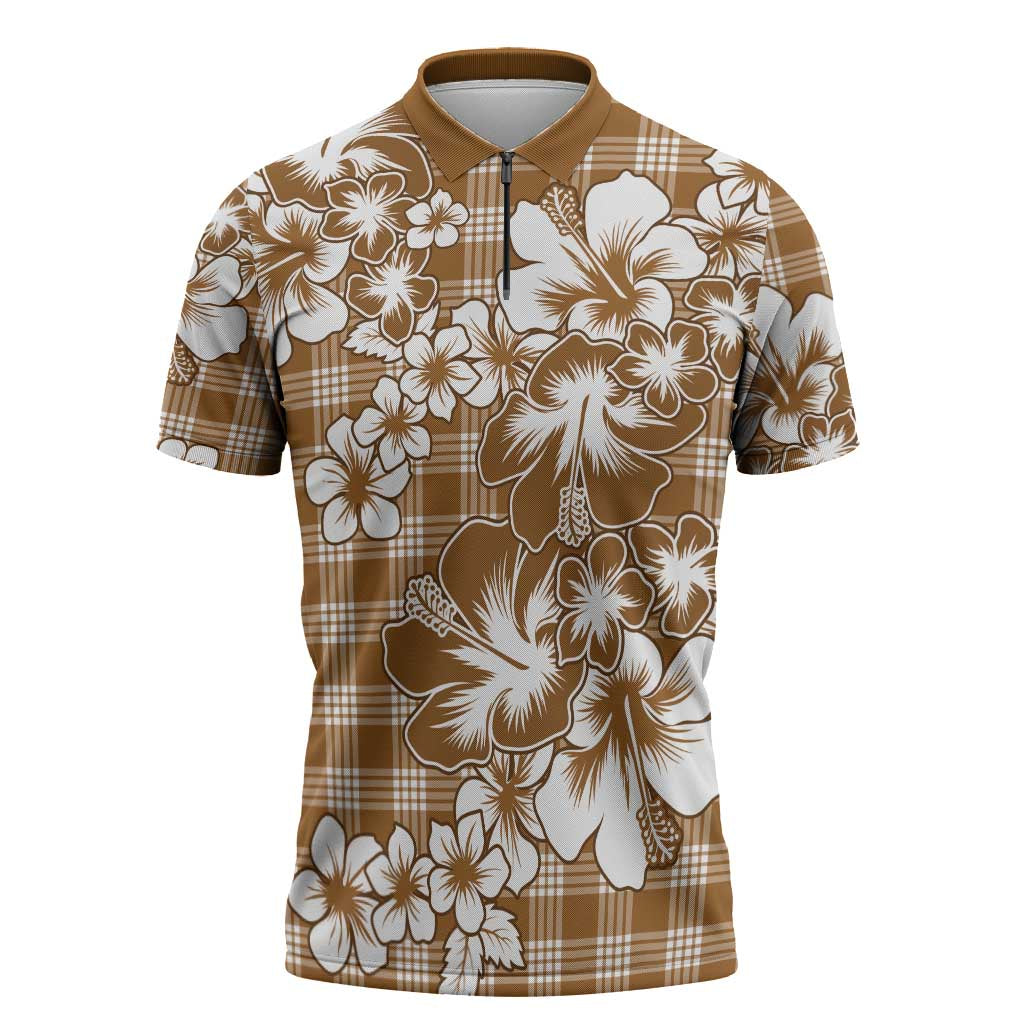 Hibiscus Pakala Bronze Brown Zipper Polo Shirt Tropical Floral Stylized - Polynesian Pride