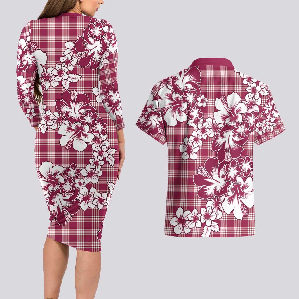 Hibiscus Pakala Royal Magenta Couples Matching Long Sleeve Bodycon Dress and Hawaiian Shirt Tropical Floral Stylized - Polynesian Pride