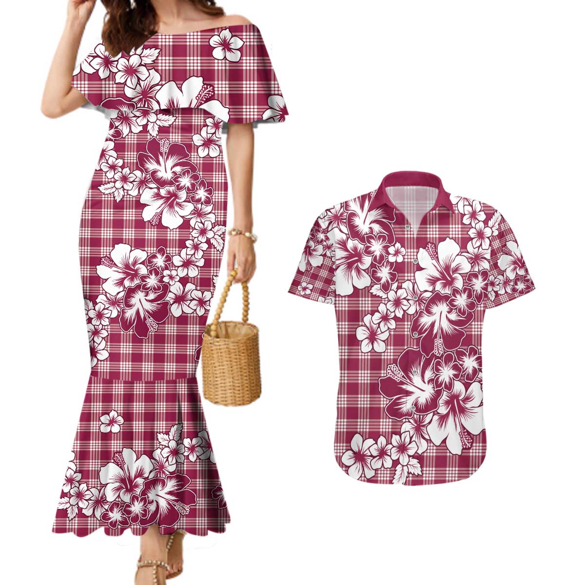 Hibiscus Pakala Royal Magenta Couples Matching Mermaid Dress and Hawaiian Shirt Tropical Floral Stylized - Polynesian Pride