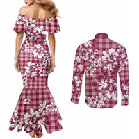 Hibiscus Pakala Royal Magenta Couples Matching Mermaid Dress and Long Sleeve Button Shirt Tropical Floral Stylized - Polynesian Pride