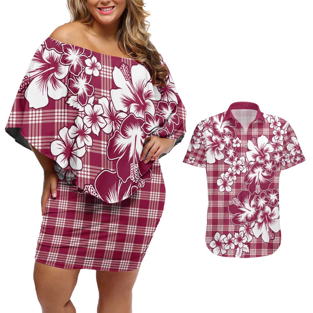 Hibiscus Pakala Royal Magenta Couples Matching Off Shoulder Short Dress and Hawaiian Shirt Tropical Floral Stylized - Polynesian Pride