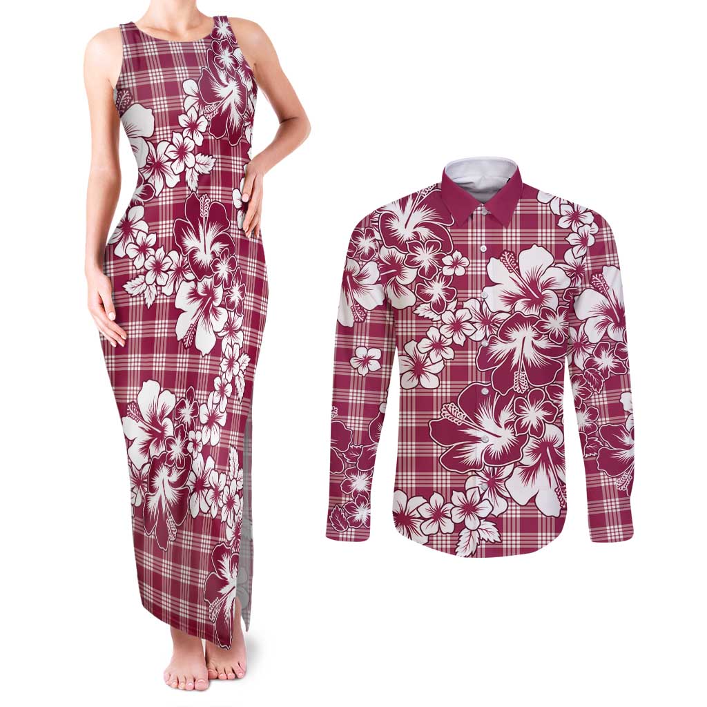 Hibiscus Pakala Royal Magenta Couples Matching Tank Maxi Dress and Long Sleeve Button Shirt Tropical Floral Stylized - Polynesian Pride
