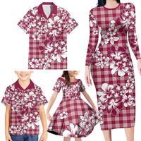 Hibiscus Pakala Royal Magenta Family Matching Long Sleeve Bodycon Dress and Hawaiian Shirt Tropical Floral Stylized - Polynesian Pride