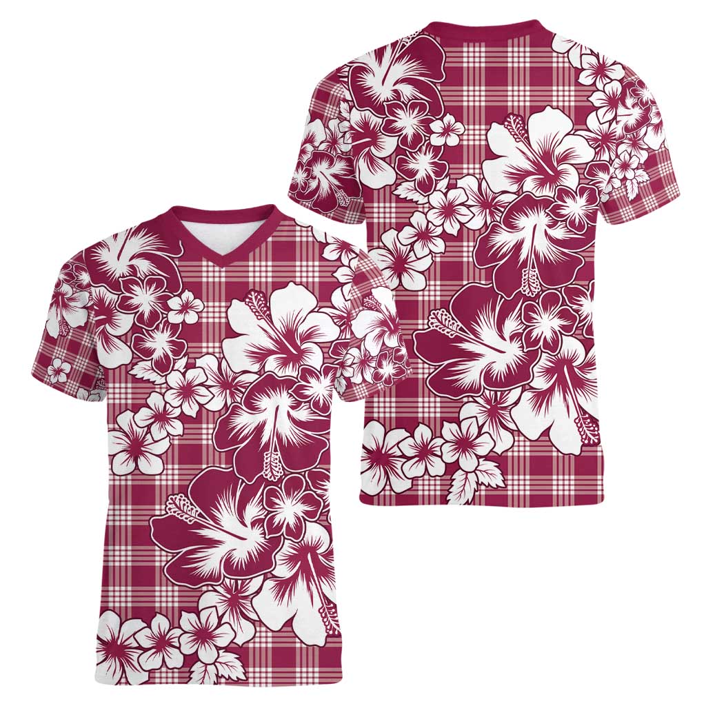 Hibiscus Pakala Royal Magenta Women V-Neck T-Shirt Tropical Floral Stylized - Polynesian Pride