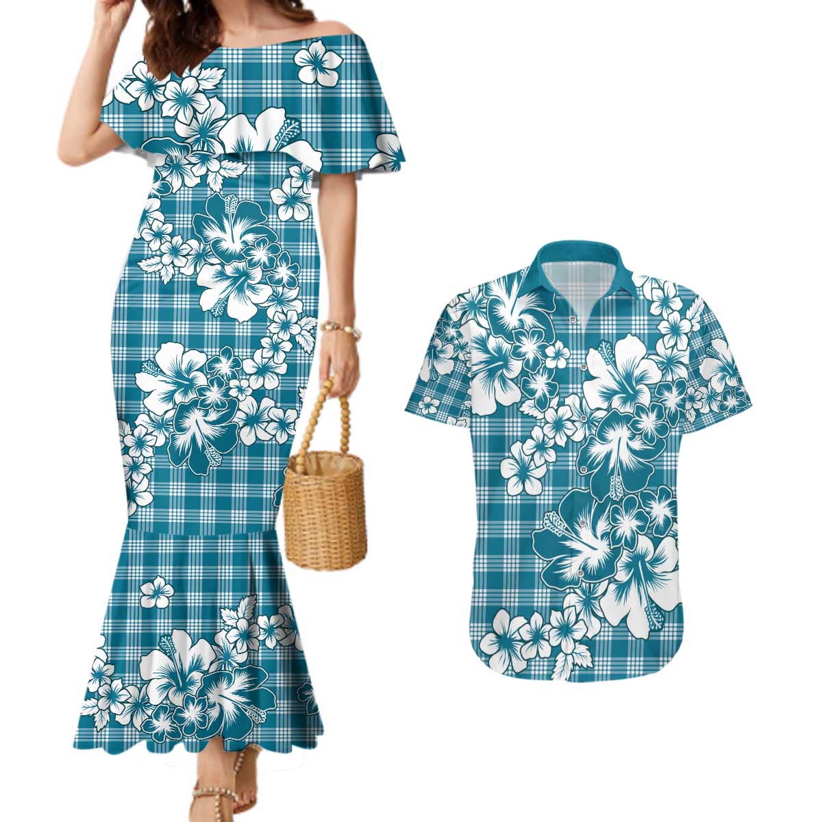 Hibiscus Pakala Ocean Depths Blue Couples Matching Mermaid Dress and Hawaiian Shirt Tropical Floral Stylized - Polynesian Pride