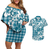 Hibiscus Pakala Ocean Depths Blue Couples Matching Off Shoulder Short Dress and Hawaiian Shirt Tropical Floral Stylized - Polynesian Pride
