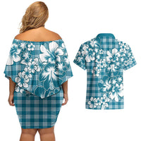 Hibiscus Pakala Ocean Depths Blue Couples Matching Off Shoulder Short Dress and Hawaiian Shirt Tropical Floral Stylized - Polynesian Pride