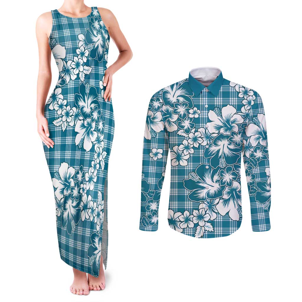 Hibiscus Pakala Ocean Depths Blue Couples Matching Tank Maxi Dress and Long Sleeve Button Shirt Tropical Floral Stylized - Polynesian Pride