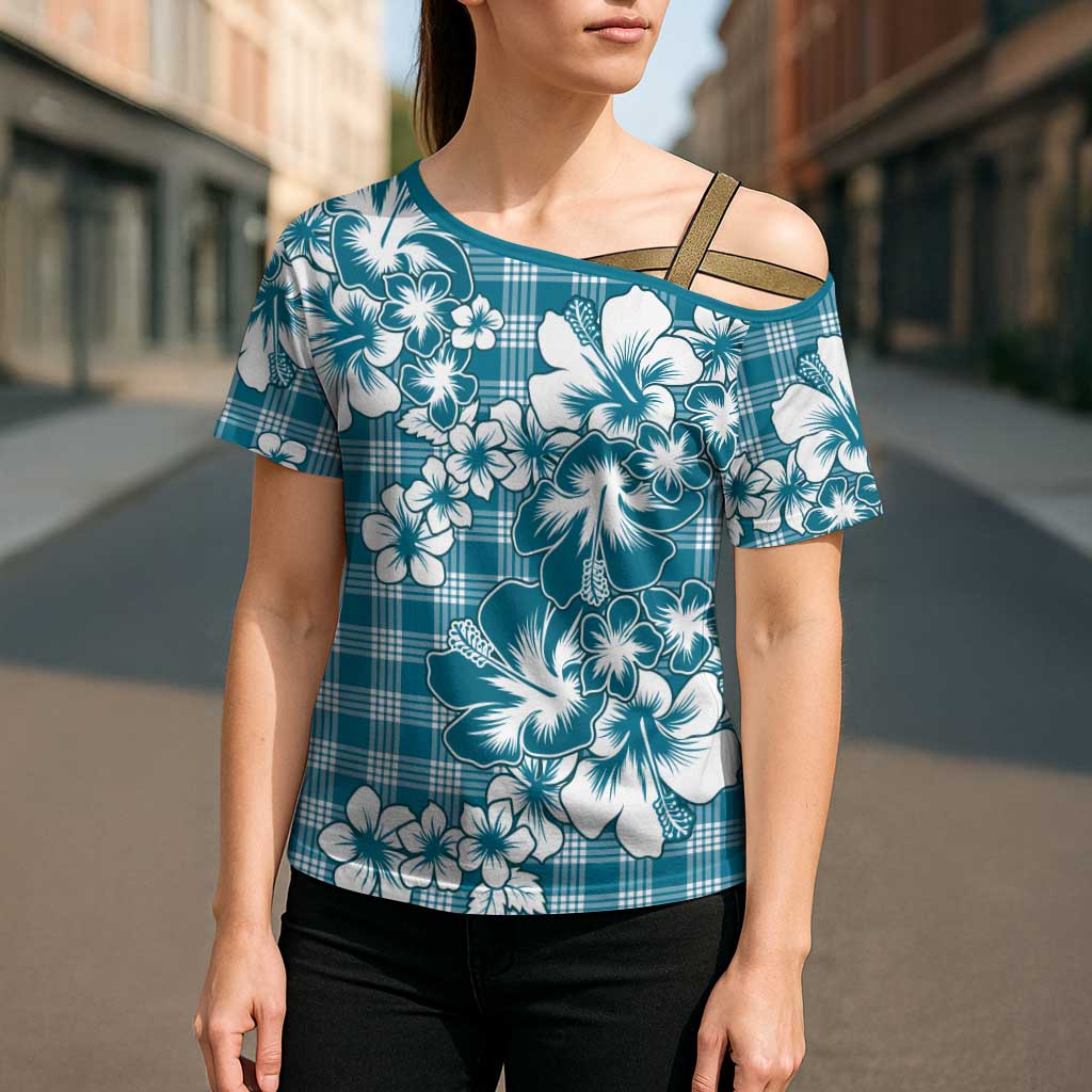 Hibiscus Pakala Ocean Depths Blue Cross Shoulder Shirt Tropical Floral Stylized - Polynesian Pride