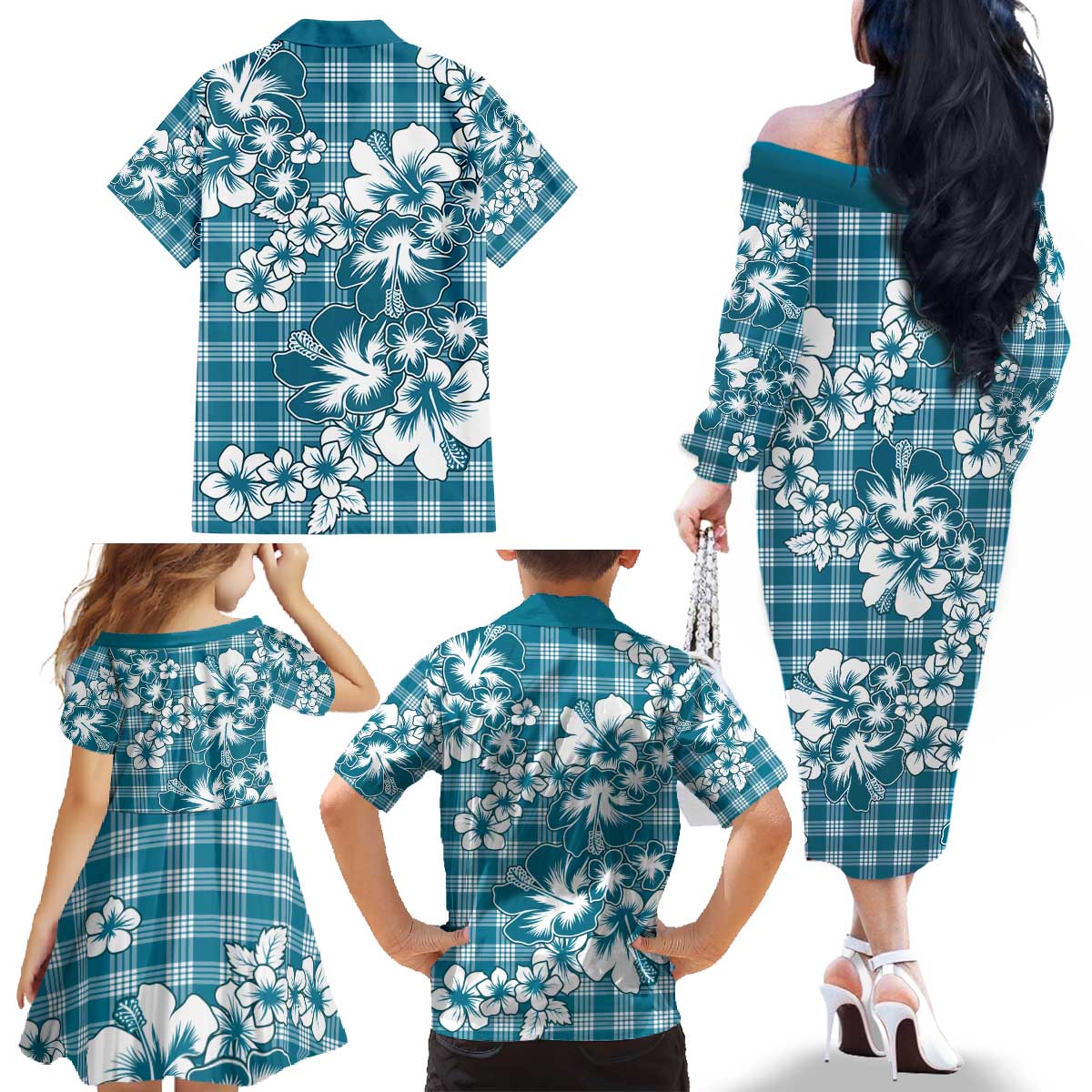 Hibiscus Pakala Ocean Depths Blue Family Matching Off The Shoulder Long Sleeve Dress and Hawaiian Shirt Tropical Floral Stylized - Polynesian Pride
