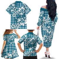 Hibiscus Pakala Ocean Depths Blue Family Matching Off The Shoulder Long Sleeve Dress and Hawaiian Shirt Tropical Floral Stylized - Polynesian Pride